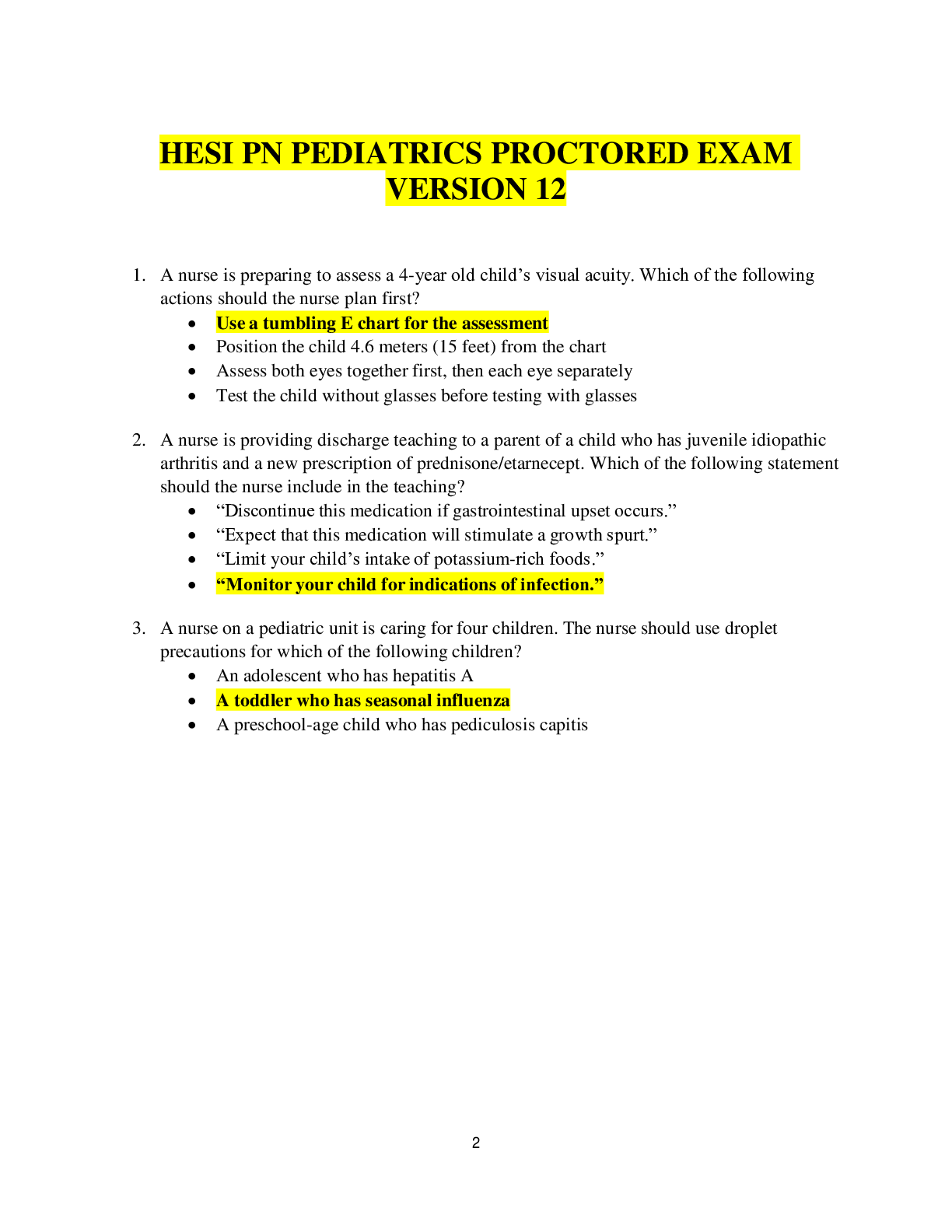 Preview of HESI PN Pediatrics Proctored Exam Version 12 Questions & Answers with Rationale